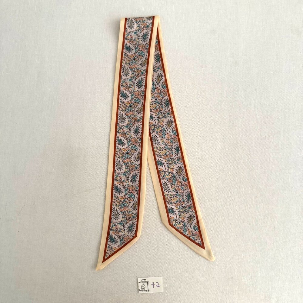 Slim Scarf Teal Mustard Boho Paisley Cream 34 inches Neck Hair Bag Wrap No 42 - Picture 3 of 9